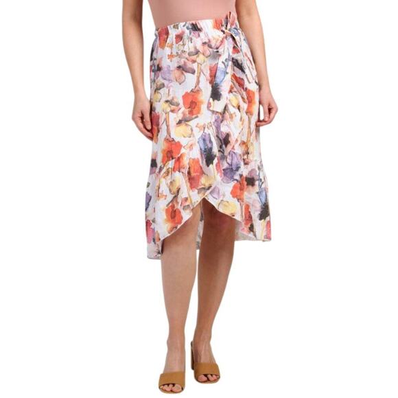 New! PIAZZA DEL TEMPIO Made In Italy Linen Ruffle Trim Floral Wrap Midi Skirt - Picture 1 of 8